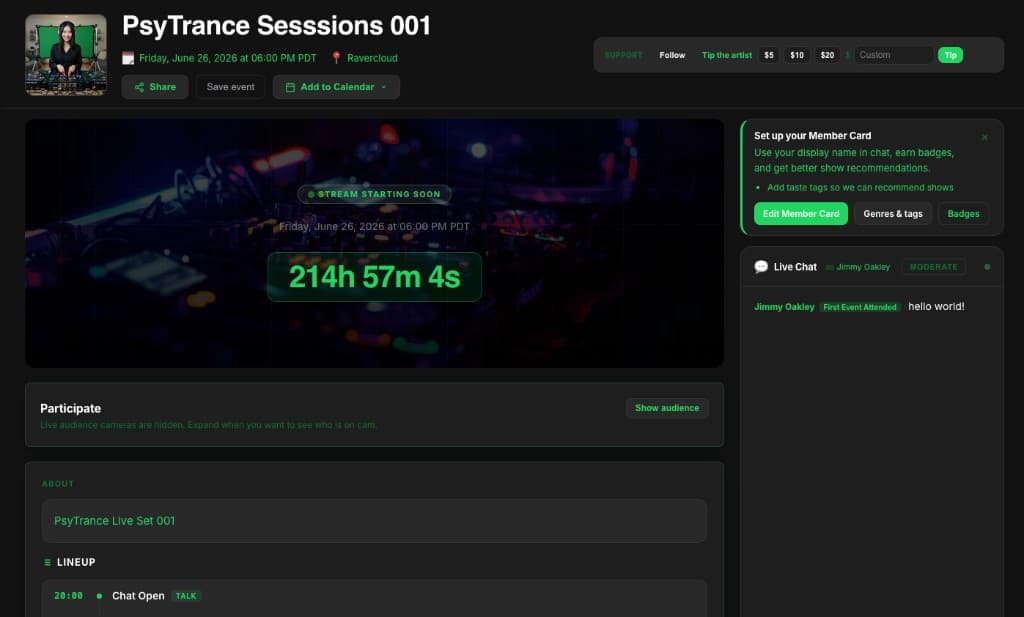 PsyTrance Sessions 001 branded event page with countdown and live chat
